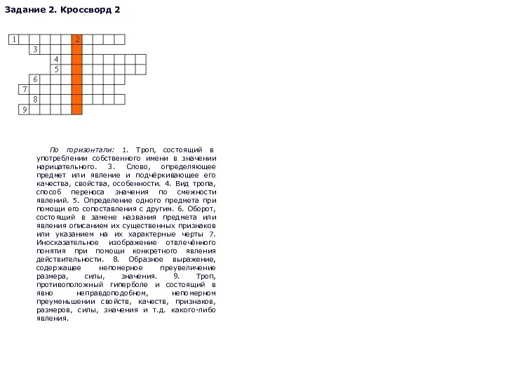 Задание 2. Кроссворд 2 По горизонтали: 1. Троп, состоящий в употреблении собственного имени