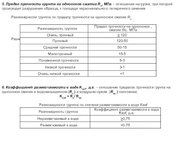 5. Предел прочности грунта на одноосное сжатие Rc, МПа –