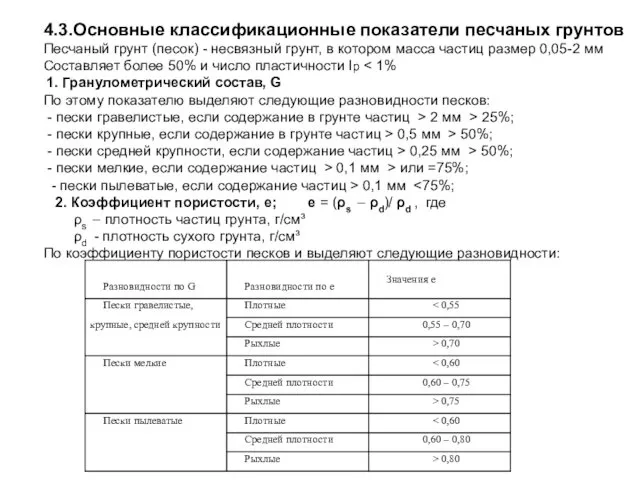 4.3.Основные классификационные показатели песчаных грунтов Песчаный грунт (песок) - несвязный