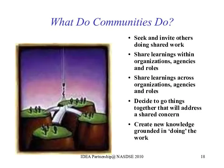 What Do Communities Do? Seek and invite others doing shared work Share learnings