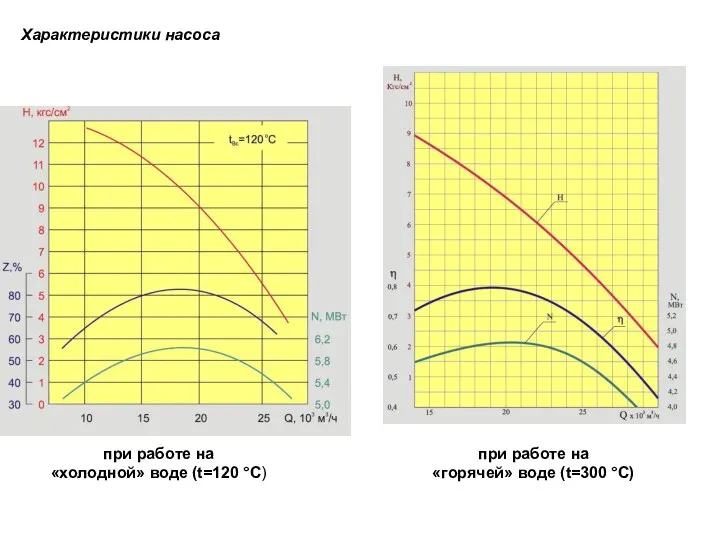 Характеристики насоса при работе на «холодной» воде (t=120 °C) при работе на «горячей» воде (t=300 °C)