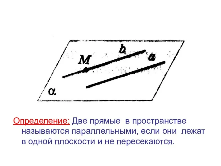 Определение: Две прямые в пространстве называются параллельными, если они лежат в одной плоскости и не пересекаются.