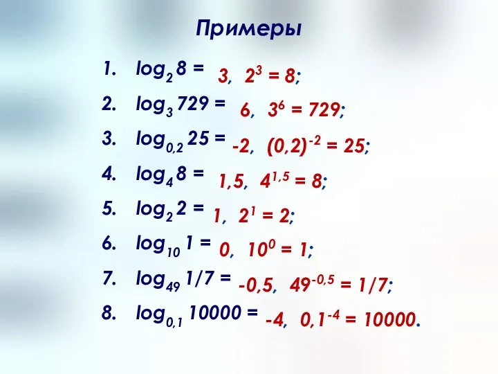 Примеры log2 8 = log3 729 = log0,2 25 = log4 8 =