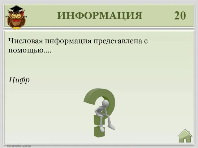 ИНФОРМАЦИЯ 20 Цифр Числовая информация представлена с помощью….