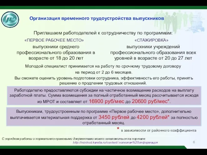 Организация временного трудоустройства выпускников Выпускникам, трудоустроенным по программе «Первое рабочее