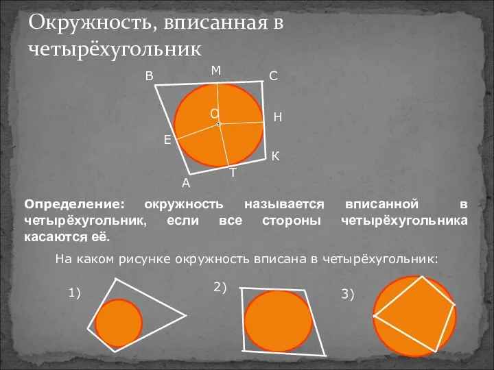 Окружность, вписанная в четырёхугольник Определение: окружность называется вписанной в четырёхугольник, если все стороны четырёхугольника касаются её.