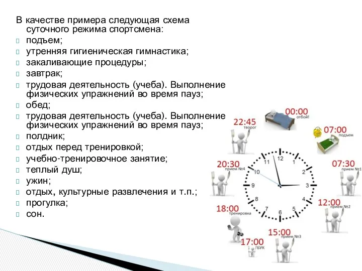 В качестве примера следующая схема суточного режима спортсмена: подъем; утренняя