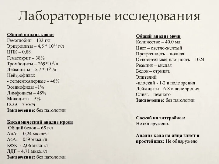 Лабораторные исследования Общий анализ крови Гемоглобин – 133 г/л Эритроциты