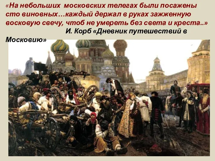 «На небольших московских телегах были посажены сто виновных…каждый держал в руках зажженную восковую