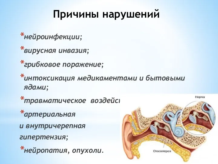 Причины нарушений нейроинфекции; вирусная инвазия; грибковое поражение; интоксикация медикаментами и