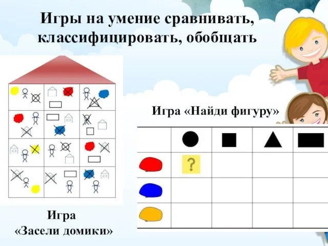 Игры на умение сравнивать, классифицировать, обобщать Игра «Засели домики» Игра «Найди фигуру»