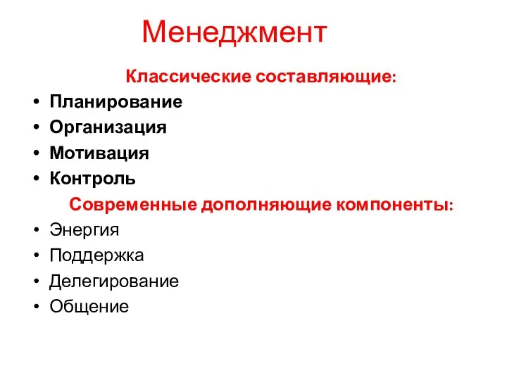 Менеджмент Классические составляющие: Планирование Организация Мотивация Контроль Современные дополняющие компоненты: Энергия Поддержка Делегирование Общение