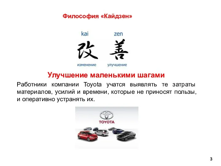 Философия «Кайдзен» Улучшение маленькими шагами Работники компании Toyota учатся выявлять