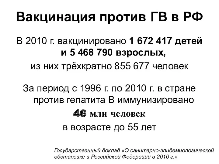 Вакцинация против ГВ в РФ В 2010 г. вакцинировано 1 672 417 детей