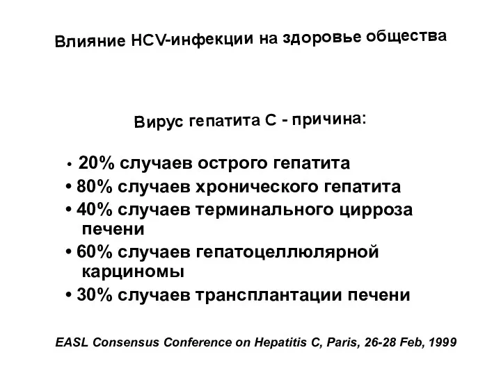 Влияние HCV-инфекции на здоровье общества 20% случаев острого гепатита 80% случаев хронического гепатита