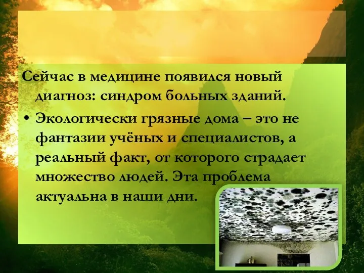 Сейчас в медицине появился новый диагноз: синдром больных зданий. Экологически