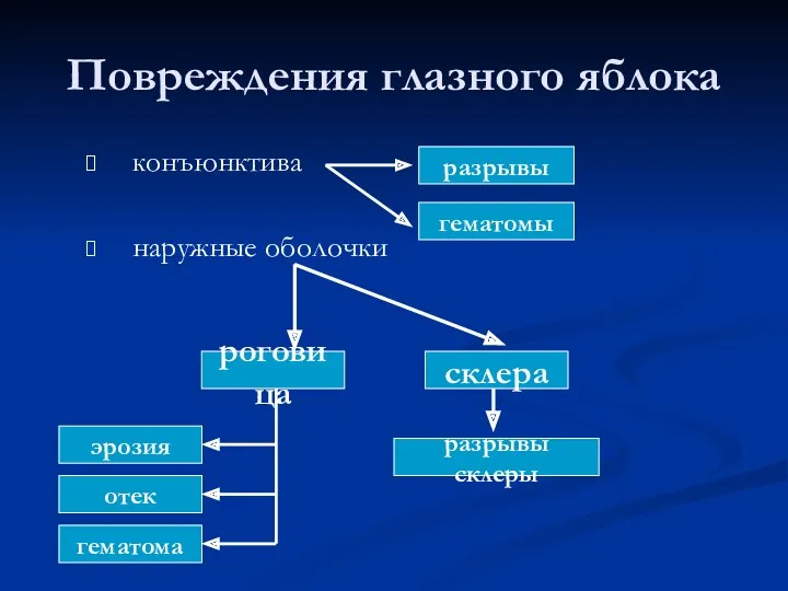 Повреждения глазного яблока конъюнктива наружные оболочки разрывы гематомы склера роговица эрозия отек гематома разрывы склеры