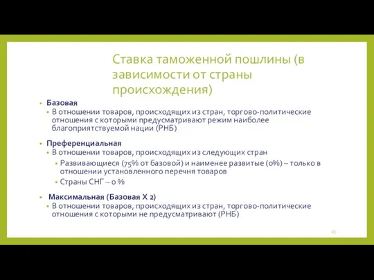 Ставка таможенной пошлины (в зависимости от страны происхождения) Базовая В отношении товаров, происходящих