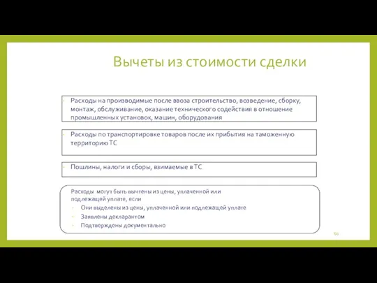 Вычеты из стоимости сделки Расходы на производимые после ввоза строительство, возведение, сборку, монтаж,