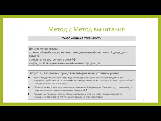 Метод 4 Метод вычитания Цена единицы товара, по которой наибольшее количество оцениваемых/идентичных/однородных товаров