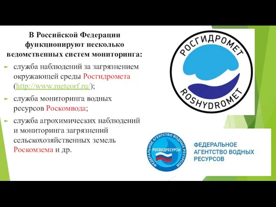 В Российской Федерации функционируют несколько ведомственных систем мониторинга: служба наблюдений