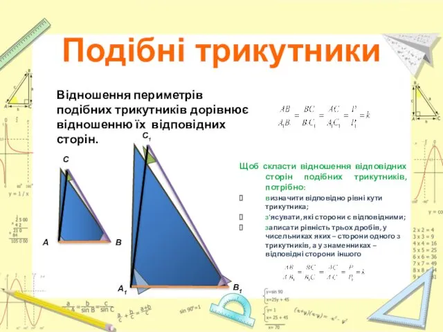 Щоб скласти відношення відповідних сторін подібних трикутників, потрібно: визначити відповідно