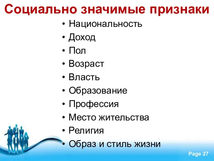 Социально значимые признаки Национальность Доход Пол Возраст Власть Образование Профессия