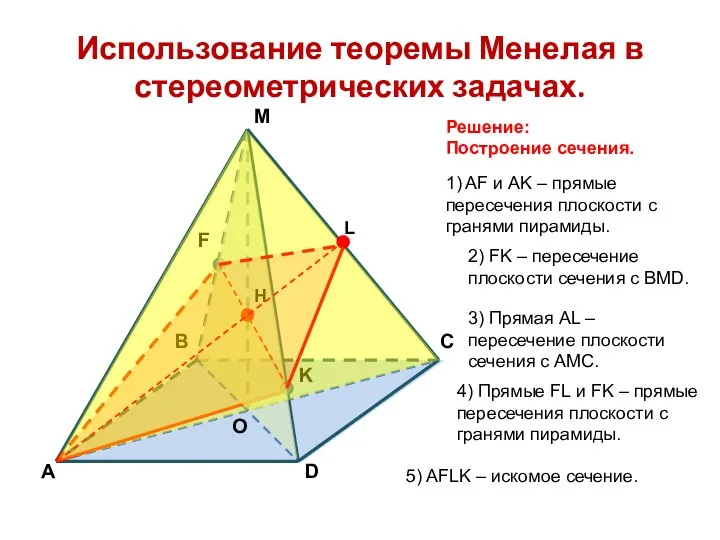 Использование теоремы Менелая в стереометрических задачах. Решение: Построение сечения. Н