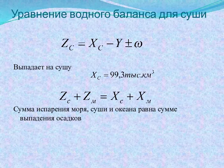 Уравнение водного баланса для суши Выпадает на сушу Сумма испарения