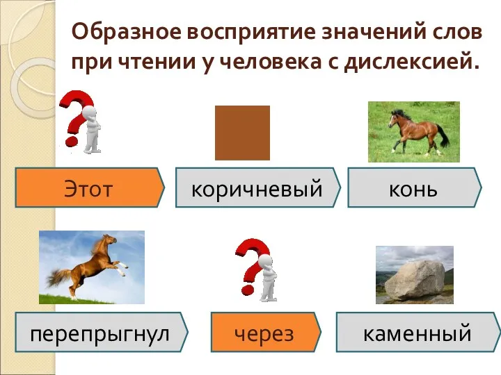 Образное восприятие значений слов при чтении у человека с дислексией. Этот коричневый перепрыгнул конь через каменный