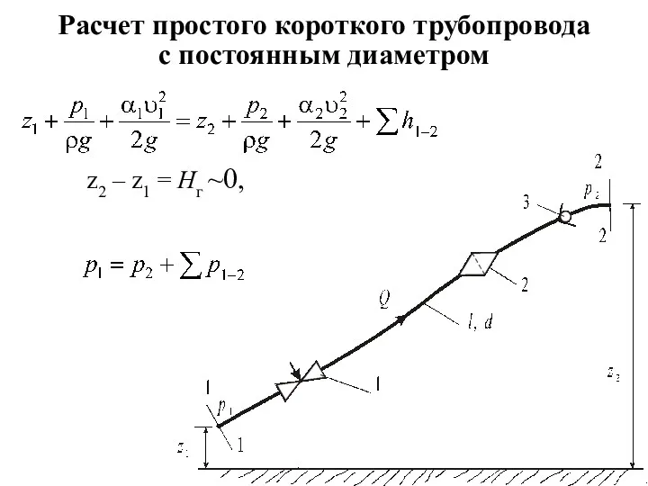 Расчет простого короткого трубопровода с постоянным диаметром z2 – z1 = Hг ~0,