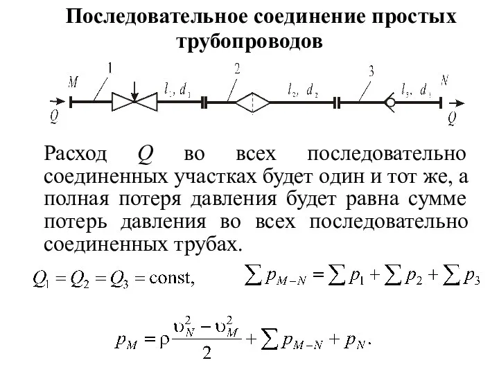 Последовательное соединение простых трубопроводов Расход Q во всех последовательно соединенных