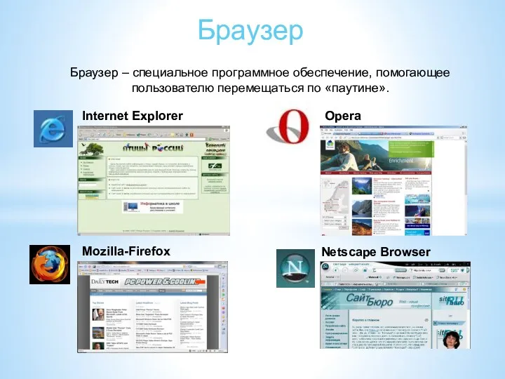Браузер Internet Explorer Opera Mozilla-Firefox Netscape Browser Браузер – специальное программное обеспечение, помогающее