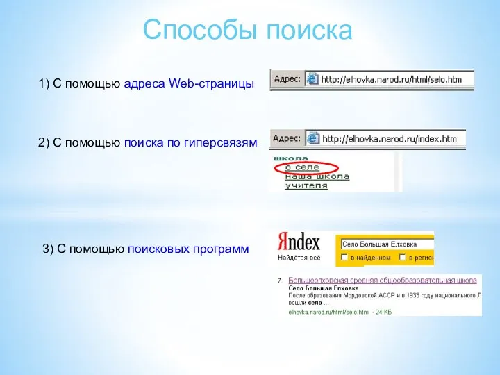 Способы поиска 1) С помощью адреса Web-страницы 2) С помощью
