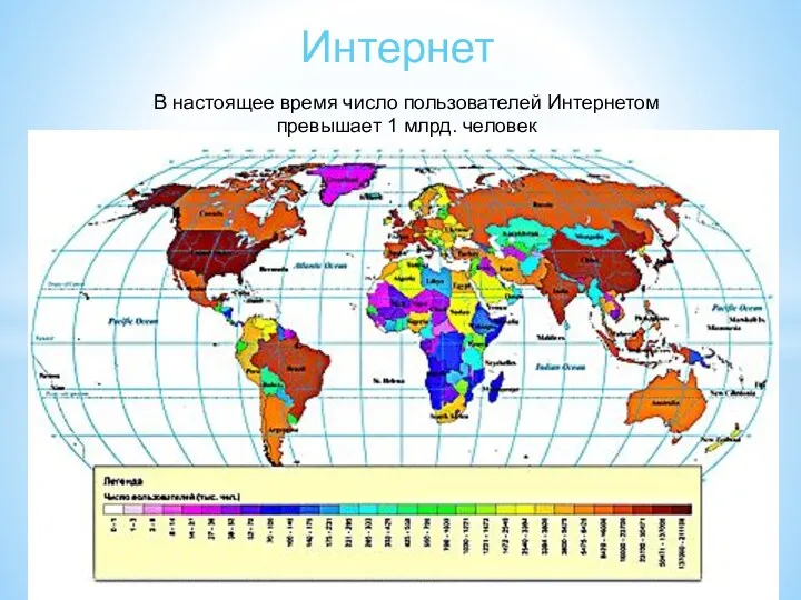 Интернет В настоящее время число пользователей Интернетом превышает 1 млрд. человек