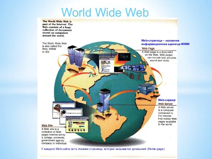 World Wide Web Web-страница – основная информационная единица WWW Web-сервер У каждого Web-сайта