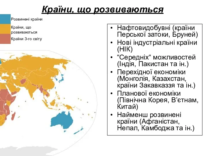 Країни, що розвиваються Нафтовидобувні (країни Перської затоки, Бруней) Нові індустріальні