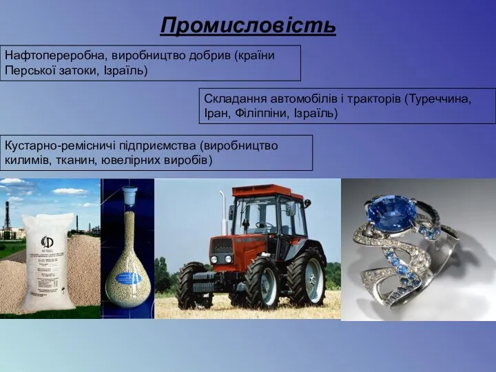 Промисловість Нафтопереробна, виробництво добрив (країни Перської затоки, Ізраїль) Складання автомобілів