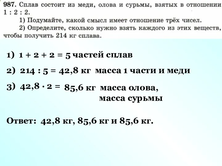 1) 1 + 2 + 2 = 5 частей сплав