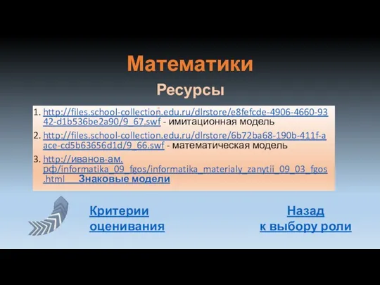 Математики http://files.school-collection.edu.ru/dlrstore/e8fefcde-4906-4660-9342-d1b536be2a90/9_67.swf - имитационная модель http://files.school-collection.edu.ru/dlrstore/6b72ba68-190b-411f-aace-cd5b63656d1d/9_66.swf - математическая модель http://иванов-ам.рф/informatika_09_fgos/informatika_materialy_zanytii_09_03_fgos.html