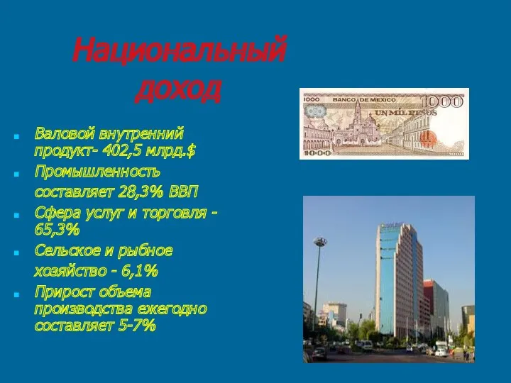 Национальный доход Валовой внутренний продукт- 402,5 млрд.$ Промышленность составляет 28,3%