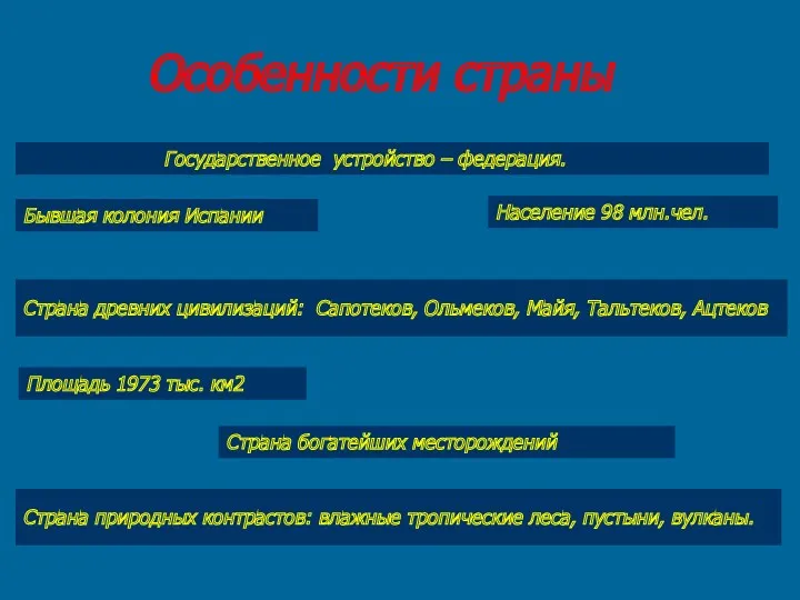 Особенности страны Государственное устройство – федерация. Население 98 млн.чел. Площадь