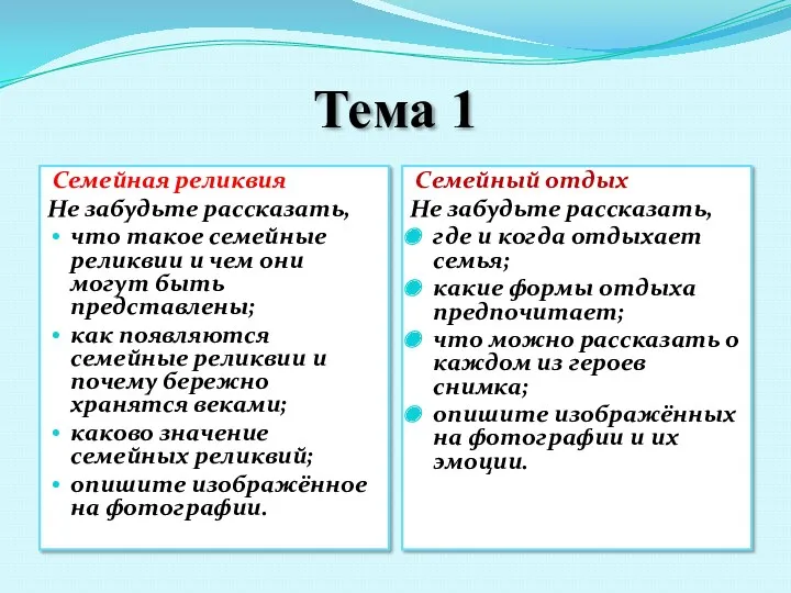 Тема 1 Семейная реликвия Не забудьте рассказать, что такое семейные