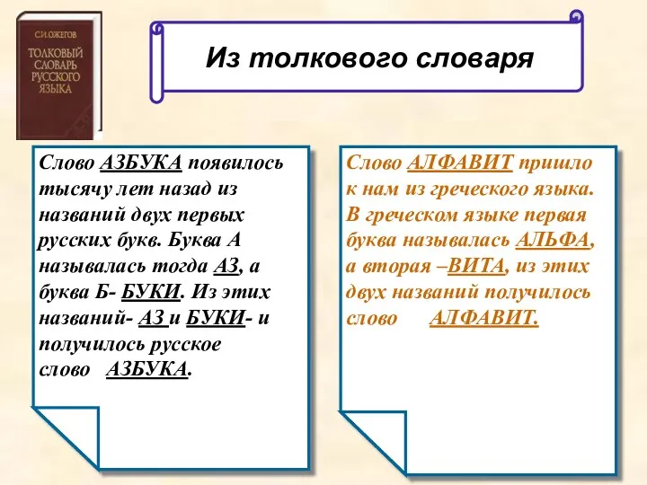 Слово АЗБУКА появилось тысячу лет назад из названий двух первых русских букв. Буква