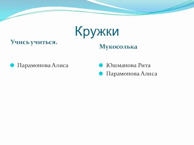 Кружки Учись учиться. Мукосолька Парамонова Алиса Юшманова Рита Парамонова Алиса