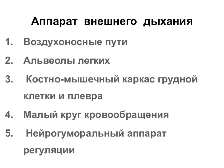 Аппарат внешнего дыхания Воздухоносные пути Альвеолы легких Костно-мышечный каркас грудной