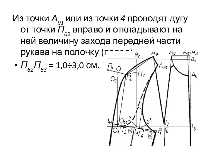 Из точки А91 или из точки 4 проводят дугу от