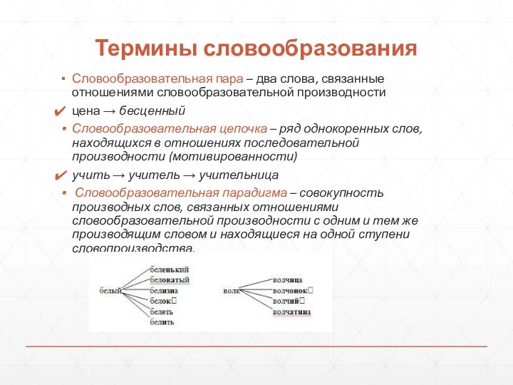 Термины словообразования Словообразовательная пара – два слова, связанные отношениями словообразовательной