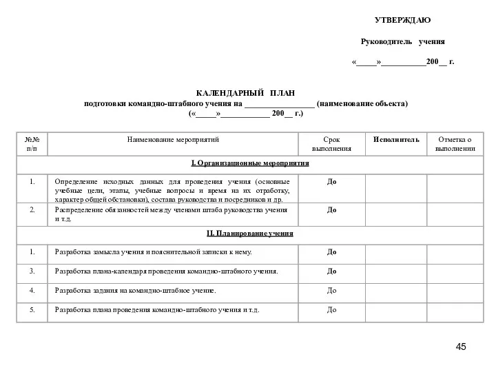 КАЛЕНДАРНЫЙ ПЛАН подготовки командно-штабного учения на _________________ (наименование объекта) («_____»____________