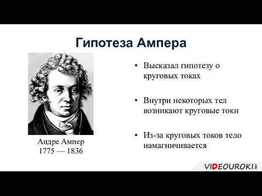 Гипотеза Ампера Высказал гипотезу о круговых токах Внутри некоторых тел